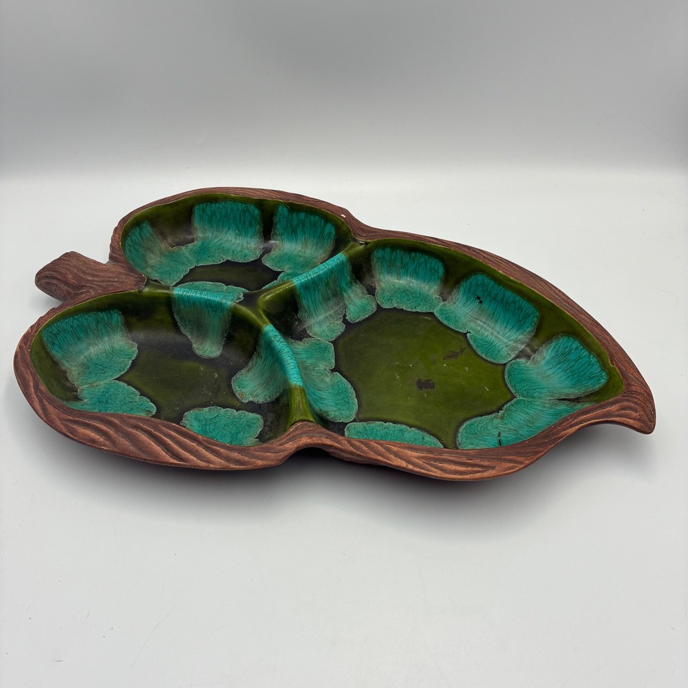 Vintage Mid Century Modern Leaf Divided Serving Dish 651 USA Drip Glaze Green